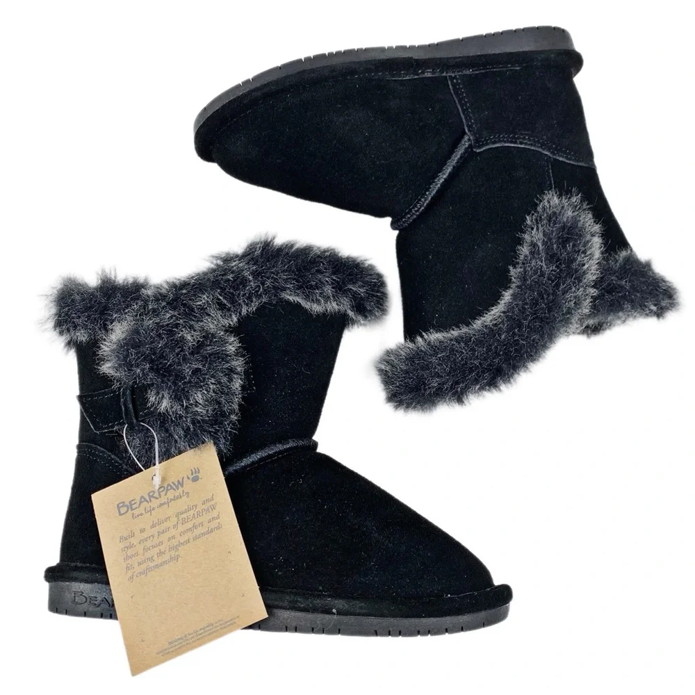 Bear Paws Youth Betsy Black Suede/ Fur Collar Boots Size 1